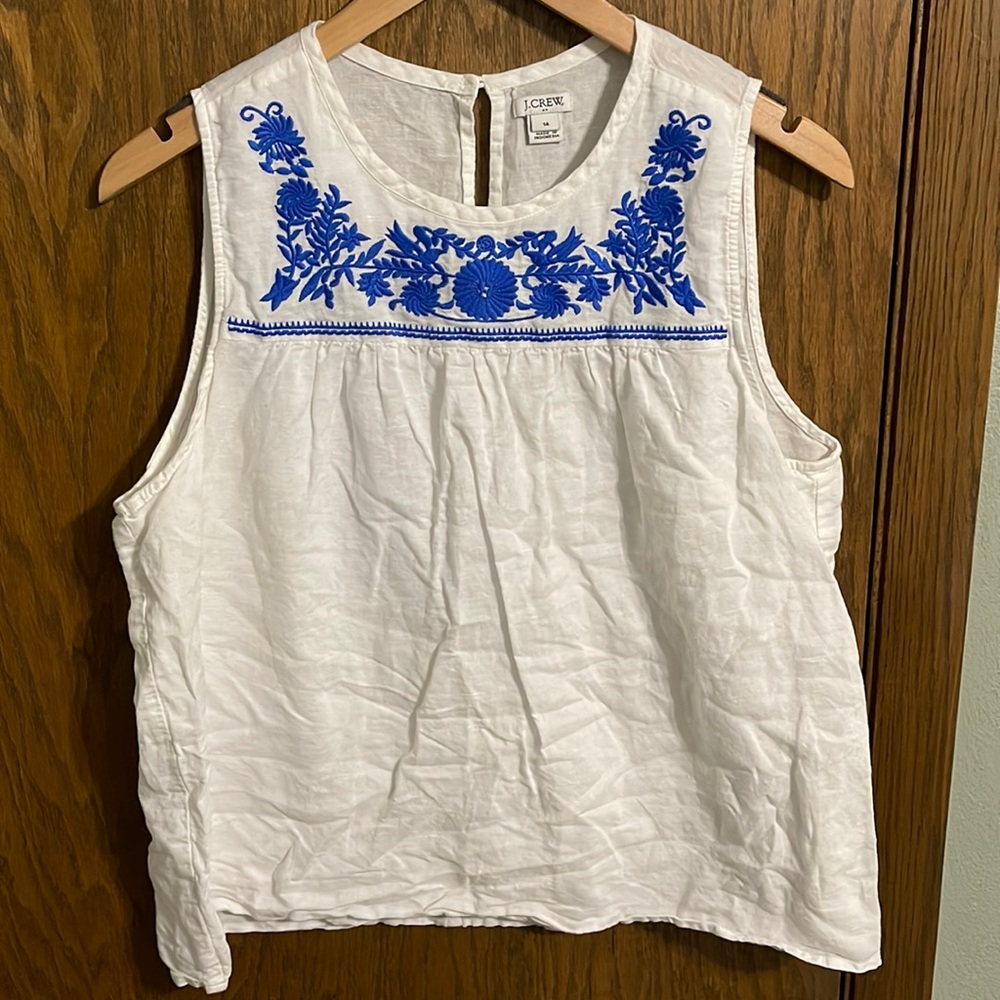 J.Crew Linen White and Blue Floral Embroidered Tank